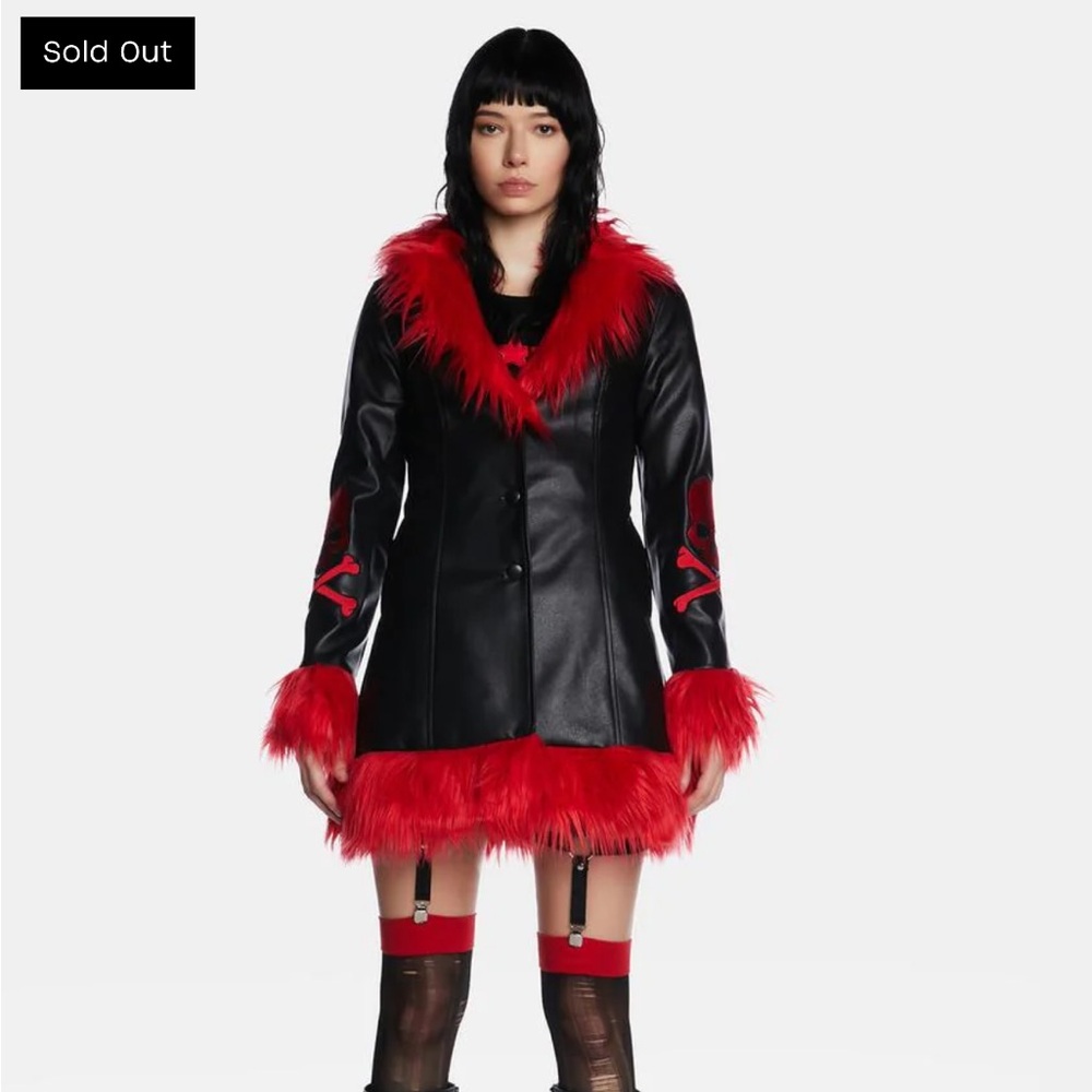 Black and Red Faux Fur Trimmed Women's Coat